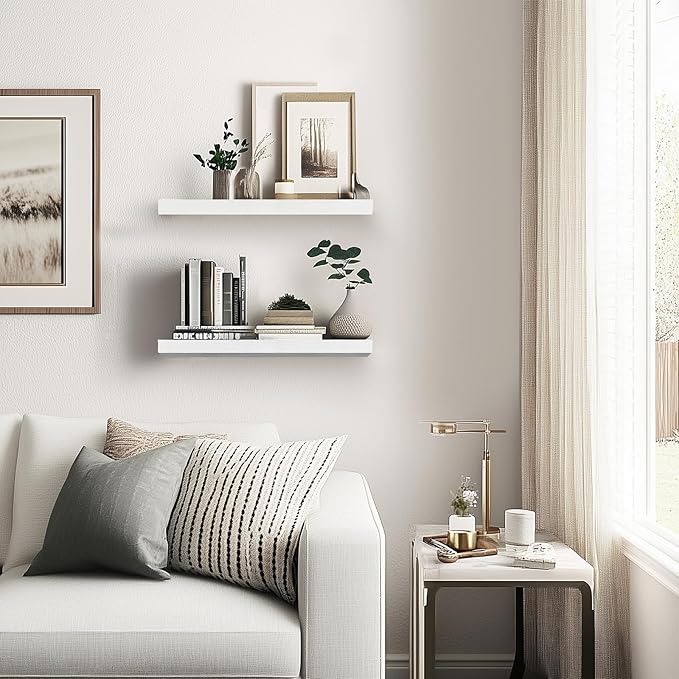 Floating Wall Shelves - 16"x6.8"x1.2" Sturdy Rustic White Solid Wood Shelves for Storage and Décor, Easy Installation for Living Room, Bedroom, and Kitchen - 2 Pack