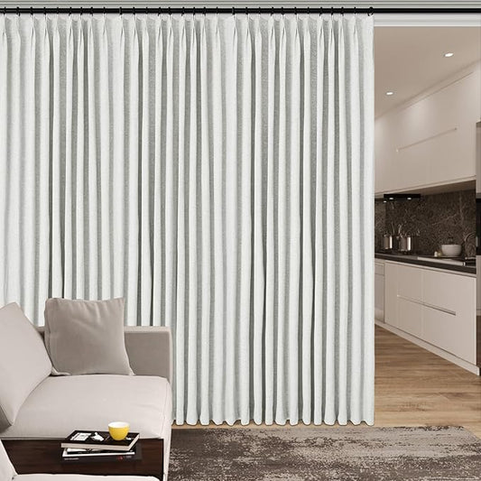 Greyish White Pinch Pleat 100% Blackout Drapes Linen Blend, Room Divider, Room Darkening, Energy Saving, Furniture Protecting, Light Blocking Extra Wide Privacy Curtains, 200Wx108L, 1 PC