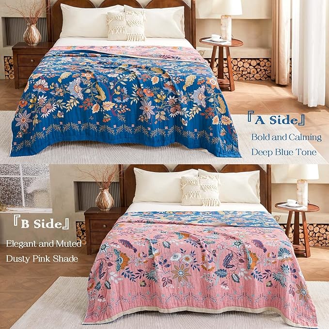 Fall Throw Blanket for Couch, Blue Boho Decorative Throw Blanket, 100% Cotton Muslin Breathable Woven Farmhouse Blankets Quilt, 80"x90" Reversible Lightweight Blankets Bohemian Throw Quilt