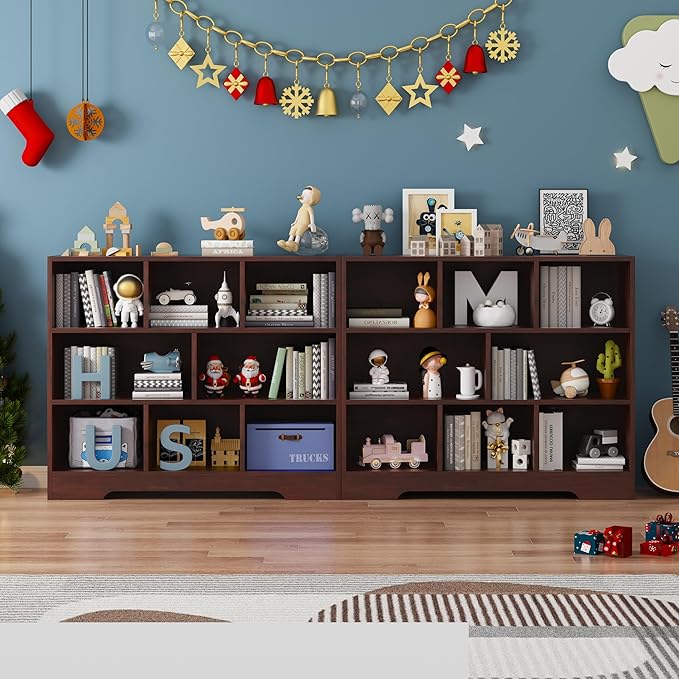 Book Shelf Set of 2, 8 Cubes Storage Organizer, 3-Tier Open Shelf Wooden Bookcase, Freestanding Cherry Bookshelf Cube Shelf for Bedroom, Living Room, Home Office