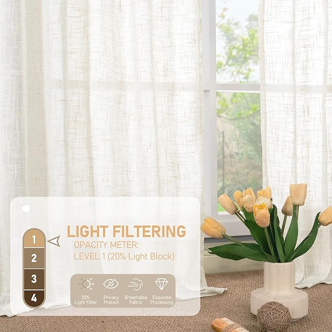 LAMIT Linen Blended Curtains 48 inch for Windows, Linen Textured Light Filtering Drapes Bronze Grommet Boho Neutral Panels for Farmhouse/Bathroom, 2 Panels, 34 x 48 Inch, Cream
