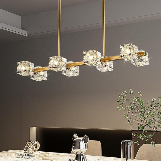 Dining Room Light Fixture,Gold Modern Crystal Chandelier Rectangular Pendant Light with 8 Light Farmhouse Chandeliers for Kitchen Island Dining Room Living Room Bedroom