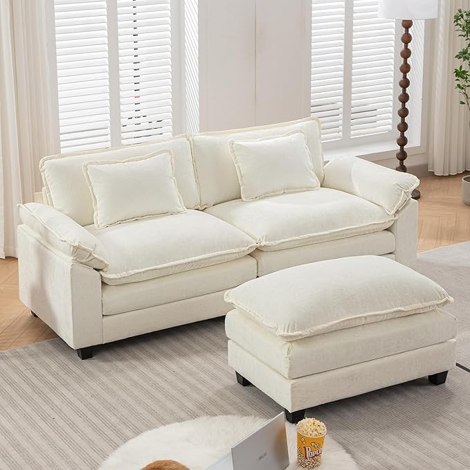 URRED Modular Sectional Sofa Comfy Cloud Couch, Modern Chenille Sofa Sleeper Deep Seat Couches with Ottoman/Pillows for Living Room (White, 82.6''- L Shape)