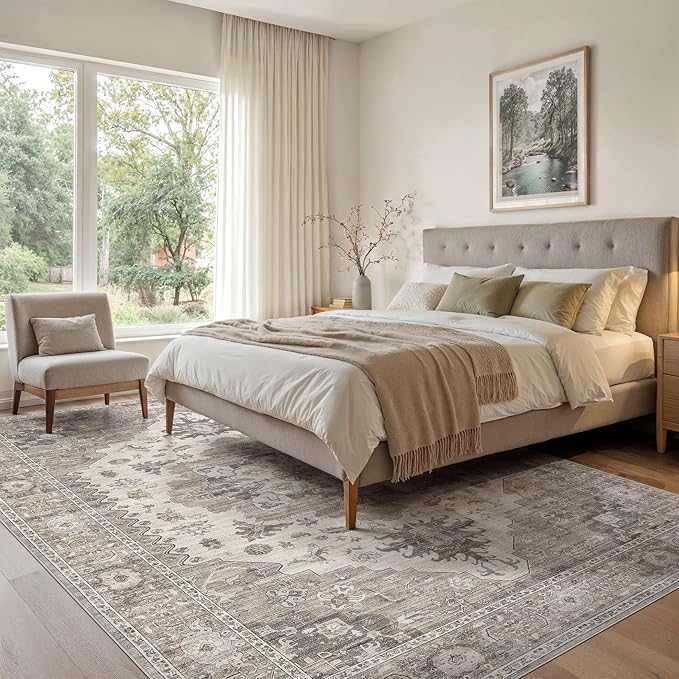 Washable Area Rugs for Living Room -10x13 Neutral Vintage Distressed Floral Farmhouse Boho Large Soft Floor Rug Indoor Non Slip Carpet for Living Room Bedroom Dining Room Office-Brown/Beige