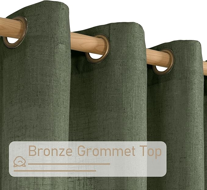 LAMIT Olive Green Linen Curtains 72 inches Long for Living Room, Soft Thick Semi Sheer Light Filtering Bronze Grommet Window Treatments Neutral Drapes for Bedroom, 2 Panels Set, 52 x 72 Inch
