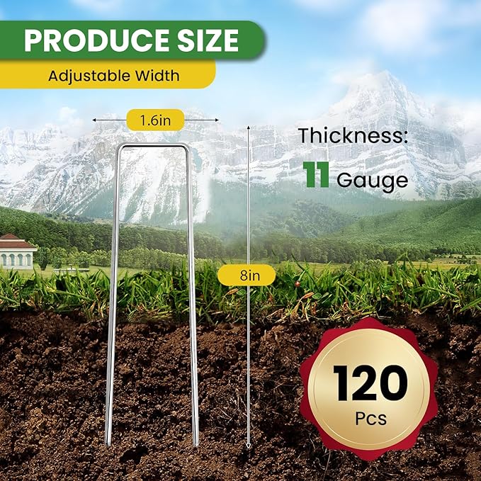 Landscape Staples Galvanized 8 Inch 120 Pcs, Metal Garden Stakes 1.6 Inch, Garden Staples for Lawn 11 Gauge