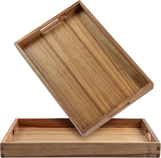 Acacia Wood Serving Tray with Handles (Set of 2)- 17-Inch Decorative Wooden Tray - Perfect for Breakfast, Lunch, Dinner, Ottoman, Coffee Table - Living Room and Couch Tray