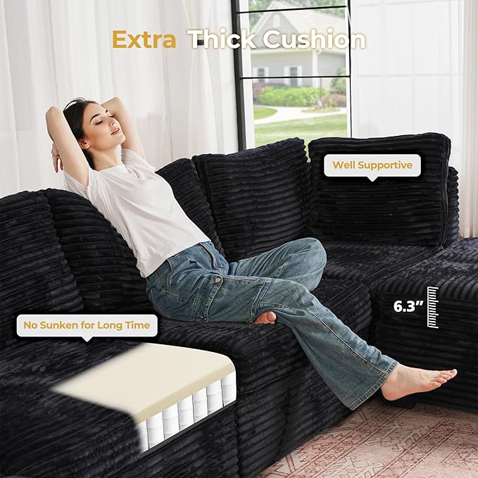 HOOOWOOO Modular Sectional Sofa,7 Pieces Sectional Couches for Living Room,131X66 U Shaped Cloud Couch with Ottoman Chaise Set(Black Velvet Corduroy)
