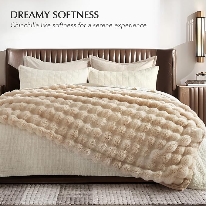EVERGRACE Ultra Soft Luxury Fluffy Ridgeline Faux Rabbit Fur Throw Blanket, Thick Warm Bubble Throw for Bed, Cozy Plush Reversible Blankets for Couch, Chair, Sofa, Cream, 60x80 Inches, 870 GSM