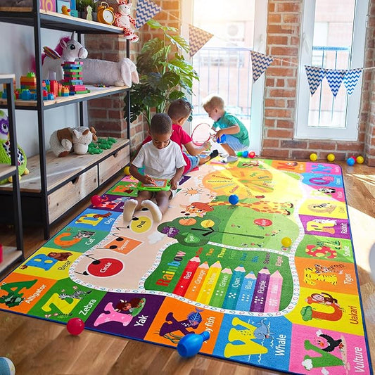 6x9 Playroom Rugs for Kids Washable, Educational and Fun Playmat with ABC Alphabet Animals Shapes Colors, Non-Slip Play Mat Learning Rugs for Baby Toddler Children Game Activity