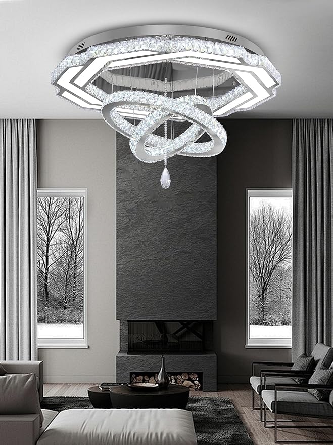 Flashing God Large Crystal Chandelier Dia 48" Silver Chandelier Flush Mount Ceiling Light for Bedroom Living Room Dining Room Hallway Dimmable 3 Rings LED Celing Lighting Fixtures