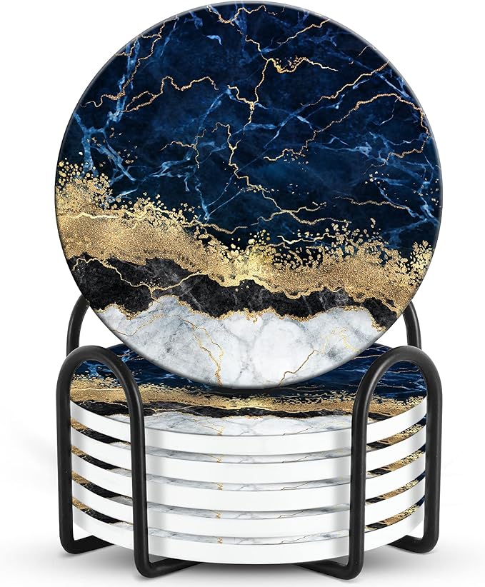 Emerson Coasters for Drinks Absorbent Set of 6 with Holder – Marble Style Coasters – Coasters for Drinks – Drink Coasters for Coffee Table – 100% Ceramic Stone Non Slip – Heavy Duty (Ripple)