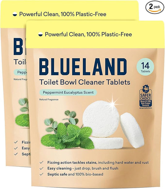 BLUELAND Toilet Bowl Cleaner Tablets, 2-Pack, 28 Count, Peppermint Eucalyptus, Plastic-Free, No Harsh Chemicals, Plant-Based