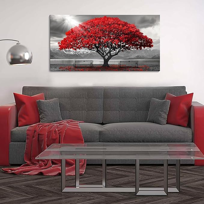 AJAZIKO Red Wall Art - Modern Framed Wall Art for Living Room - Red Tree Black and White Landscape Canvas Prints Posters & Prints for Home Office Bedroom Decorations - Large Wall Pictures 20×40IN