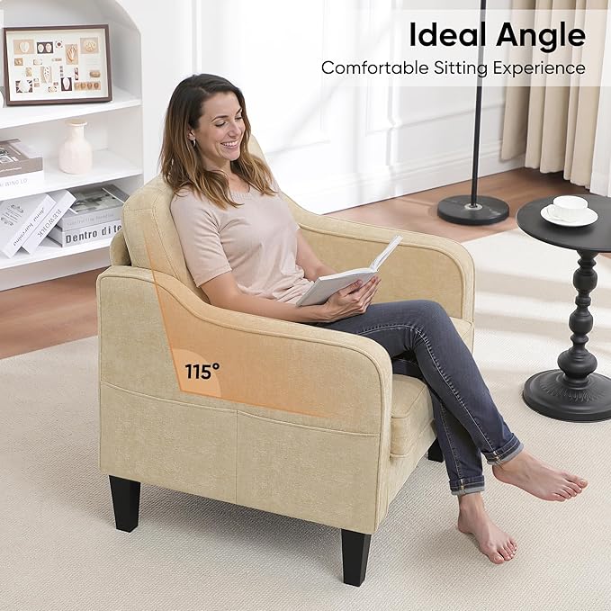 Accent Chairs Set of 2, Upholstered Living Room Chair with Side Pockets, Mid Century Modern Reading Chair for Bedroom, Comfy Armchair Single Sofa Side Chair for Office, Small Room, Light Brown