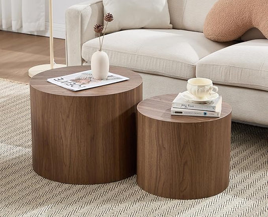 CIMOTA Round Wood Nesting Coffee Table Set of 2, Modern Circle Travertine End Side Table Sets for Living Room, Walnut Wooden Color/No Assembling