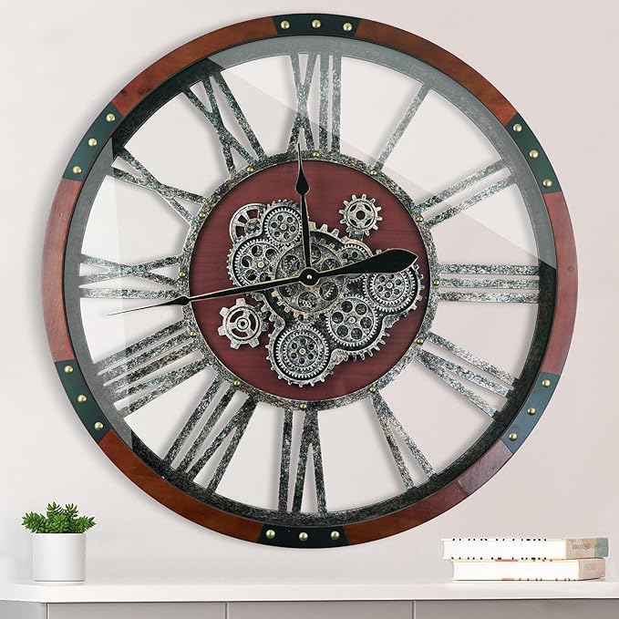 30Inchs Moving Gears Wall Clock, Oversized Wall Clocks, Clock Living Room Decor, Solid Wood Frame, Battery Operated, Large Wall Clock with Steampunk Industrial for Fireplace(Black Walnut)