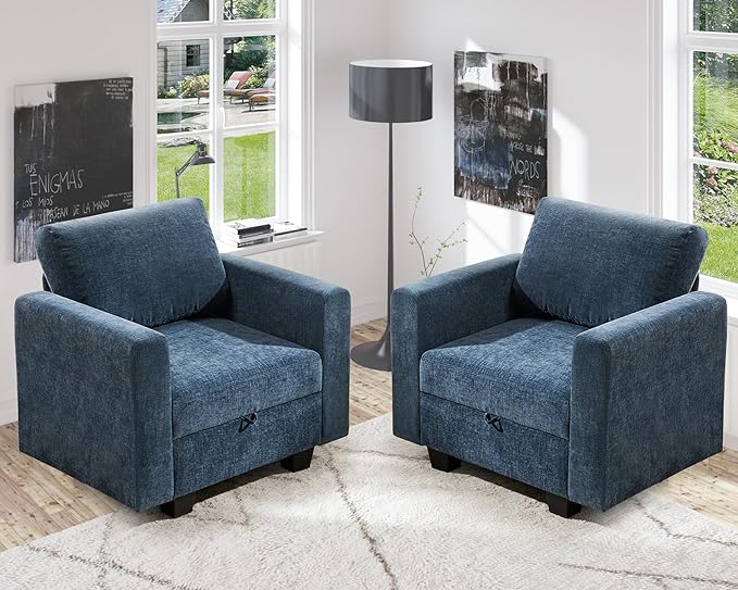 38.5 Oversized Accent Chair with Storage Blue Chenille, Single Modern Accent Sofa Chair with Arms for Apartment Living Room (21" Deep Seat)