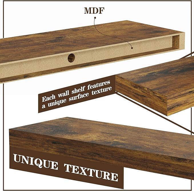 BAMEOS Floating Shelves,40 in W x 7in D Wall Mounted Wooden Shelves with Invisible Brackets Set of 2, Hanging Wall Shelves Decoration for Bedroom, Bathroom, Living Room and Kitchen,Rustic Brown