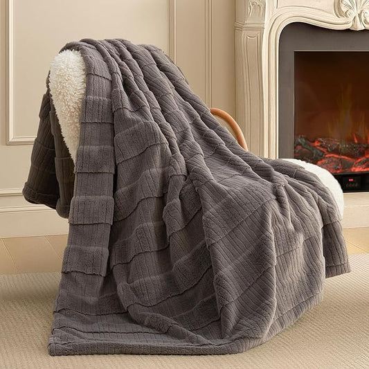 Amélie Home Luxury Striped Faux Fur Throw Blanket for Couch, Embossed Split Fur Cozy Fuzzy Fluffy Luxurious Soft Plush Sofa Chair Bed Gift Blankets for Women Men Wife Friend, 88"x90", Charcoal Gray