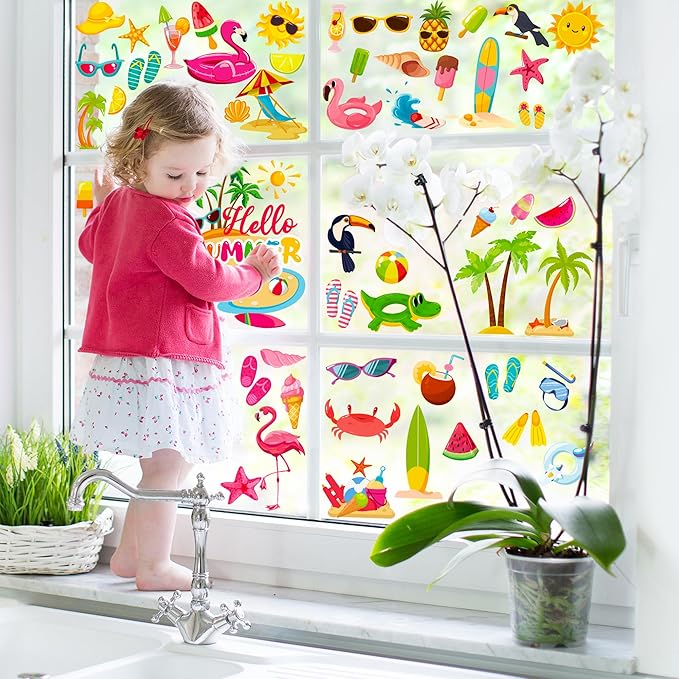 9 Sheets Summer Window Clings, Double Sided Summer Window Clings for Glass Windows, Hello Beach Decals, Sun Watermelon Pattern Stickers for Home Office Accessories Decorations