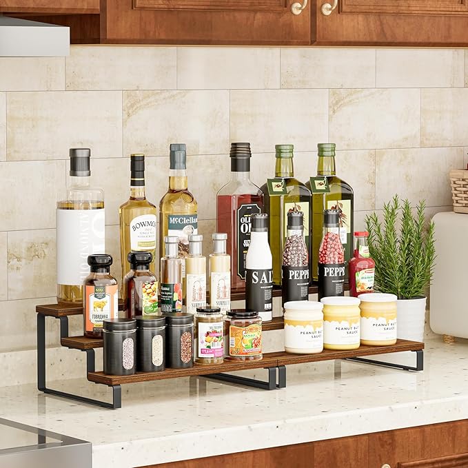 Giikin 3-Tier Spice Rack, 13.8 Inch Wood Countertop Spice Storage Holder, Kitchen Pantry Cabinet Organizer Cupboard for Spice Bottles, Jars, Seasonings, Baking Supplies, Metal Frame(Set of 2)