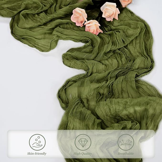 6 Pack Olive Green 10FT Cheesecloth Table Runner Rustic Gauze Cheese Cloth Table Runner for Wedding Bridal Baby Shower Table Decorations Boho Fabric Sheer Birthday Party Decor 20 x 120 Inch Long