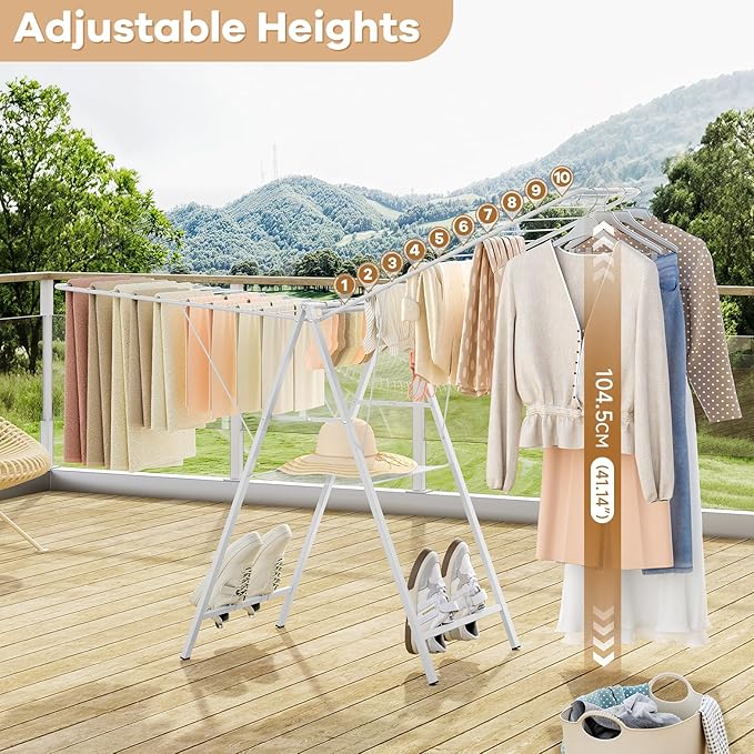 APEXCHASER Clothes Drying Rack Foldable, Metal Laundry Drying Rack Collapsible, Portable Compact Clothes Rack for Sweater Baby Clothes Towel Indoor & Outdoor, Height Adjustable Clothes Airer, Grey