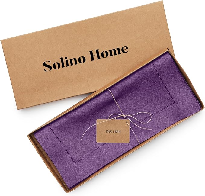 Solino Home Linen Purple Table Runner 72 Inches Long - 100% Pure Linen Hemstitch Table Runner 14 x 72 Inch for Dresser, Dining, Fall, Autumn, Halloween, Thanksgiving - Classic Hemstitch