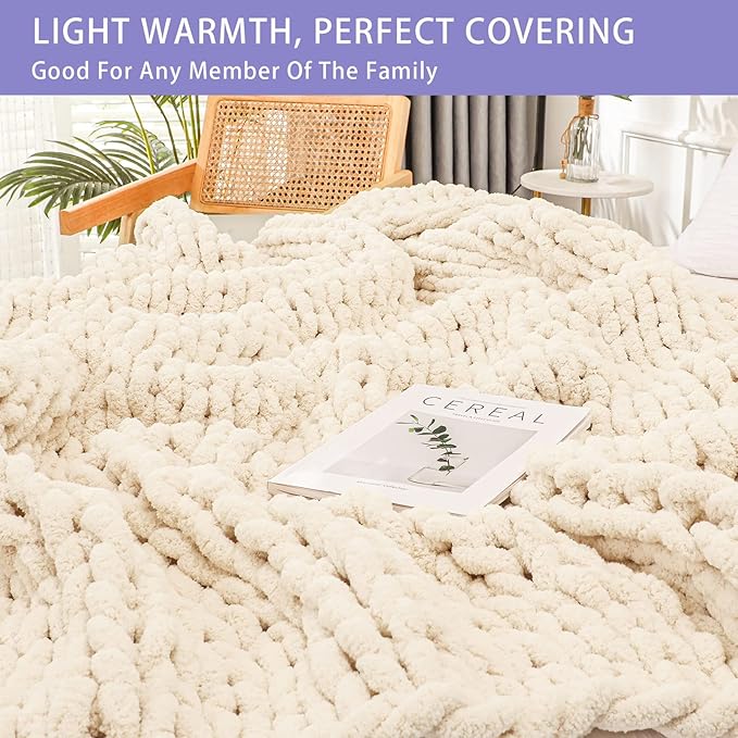 Bigacogo Chunky Knit Throw Blanket for Couch, 60x80 inches, 100% Hand Knitted with Thick Jumbo Chenille Yarn, Cozy Soft Large Rope Knot Cable Crochet Blankets for Sofa Bed Living Room, Beige