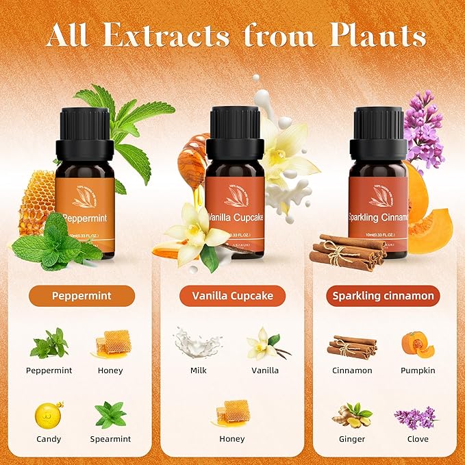 ASAKUKI Essential Oils for Diffusers for Home, Fragrance Oil for Candle Making, Peppermint, Vanilla Cupcake, Sparkling Cinnamon, Spiced Pumpkin, Christmas Wreath and Apple Cinnamon 6 x 10 ml