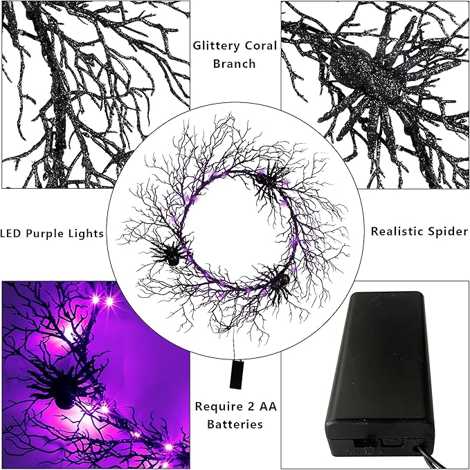 24 Inch Halloween Wreath for Front Door - Lighted Black Spider Wreath with Purple LED Lights, Outdoor/Indoor Spooky Decorations for Halloween Party, Porch, Holiday Home Decor