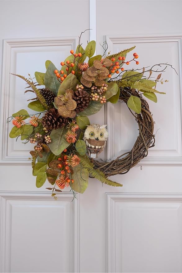 Fall Owl Wreath for Front Door 24 Inch, Autumn Natural Pine Cones Faux Eucalyptus Magnolia Leaf Berry Wreath, Fall Decor for Home Farmhouse Door Wall Window Porch Indoor/Outdoor