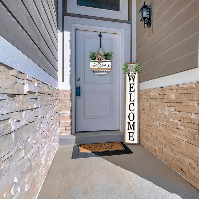 Surfapans Welcome Sign for Front porch Standing 45"X9"Large Wood Frame Outdoor Tall Welcome Signs Vertical Decor for Farmhouse Rustic Home Modern Outside Front Door Wall Decorations (Wood White)