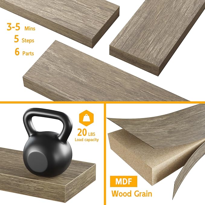 BAMEOS Floating Shelves, 16x6 Wall Mounted Wooden Shelves with Invisible Brackets Set of 3, Hanging Wall Shelves Decoration for Bedroom, Bathroom, Living Room and Kitchen