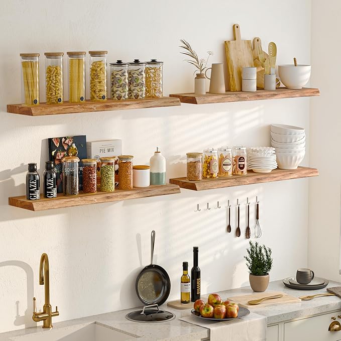 Floating Shelves for Wall, 24" Live Edge Solid Elm Wood Floating Shelf, Wall-Mounted Display Shelves with Invisible Heavy-Duty Metal Bracket, Floating Shelf for Kitchen (Natural, Set of 2)