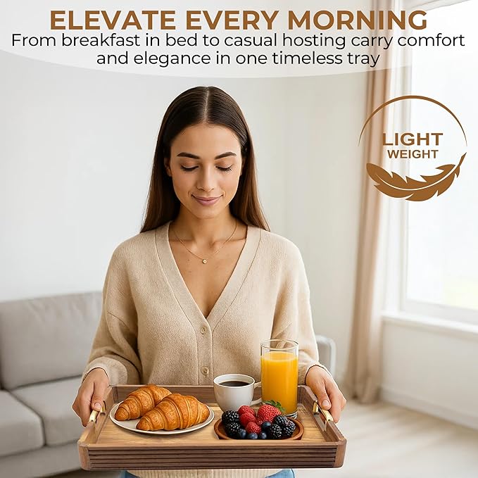 Acacia Wood Serving Tray with Metal Handles  – 17x12in Rustic Decorative Ottoman & Coffee Table Tray for Breakfast in Bed, Dinner, Bar, Kitchen, Home Décor & Entertaining