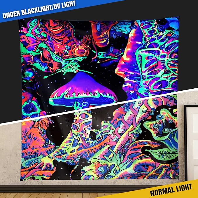 ADDWel Blacklight Mushroom Tapestry, Upright Tapestry Glow In The Dark, UV Reactive Black Light Tapestries Posters Wall Hanging for Backdrop Bedroom Dorm Living Room Decor(60"x80")