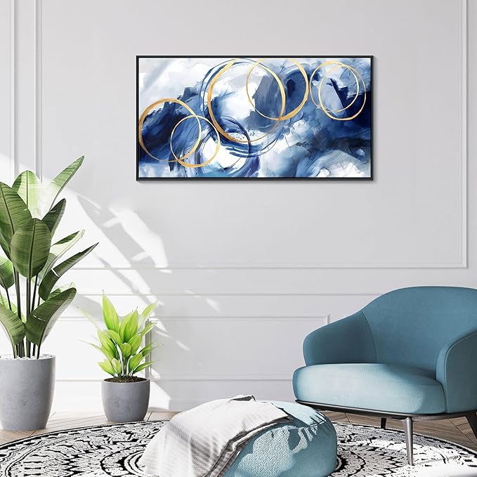 AJAZIKO Blue Abstract Wall Art Modern Navy Blue and Gold Pictures for Living Room Paintings Office Artwork Wall Decor Framed Canvas Wall Art Bedroom Wall Decor Above Bed 20×40IN