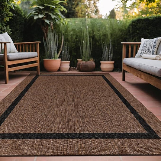 Bordered Outdoor Rug 8x10 Washable Outside Carpet for Indoor Patio Porch Waterproof Easy Cleaning Non Shedding Area Rugs Nut Brown - Black 8 x 10