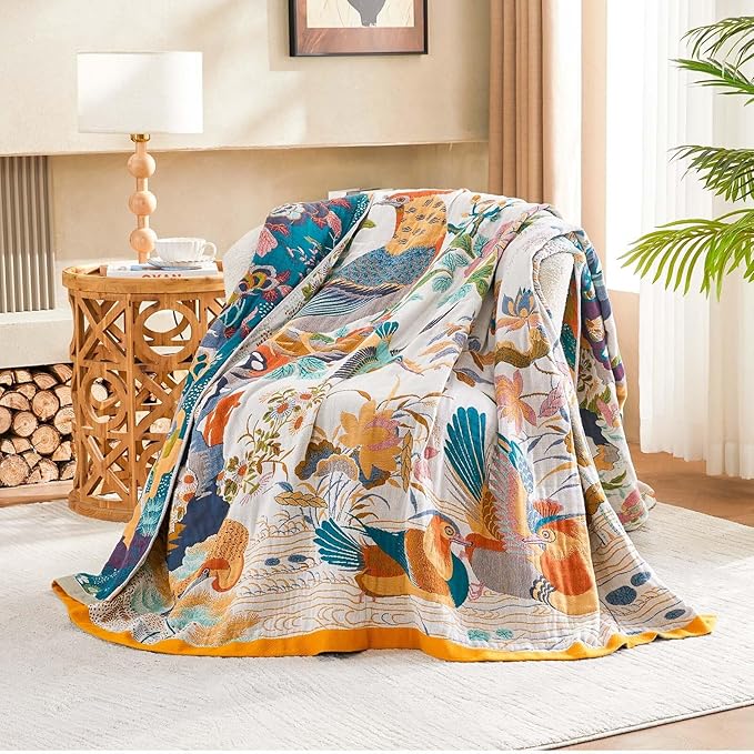 Fall Throw Blanket for Couch, Yellow Boho Decorative Throw Blanket, 100% Cotton Muslin Breathable Woven Farmhouse Blankets Quilt, 60"x80" Reversible Lightweight Blankets Bohemian Throw Quilt