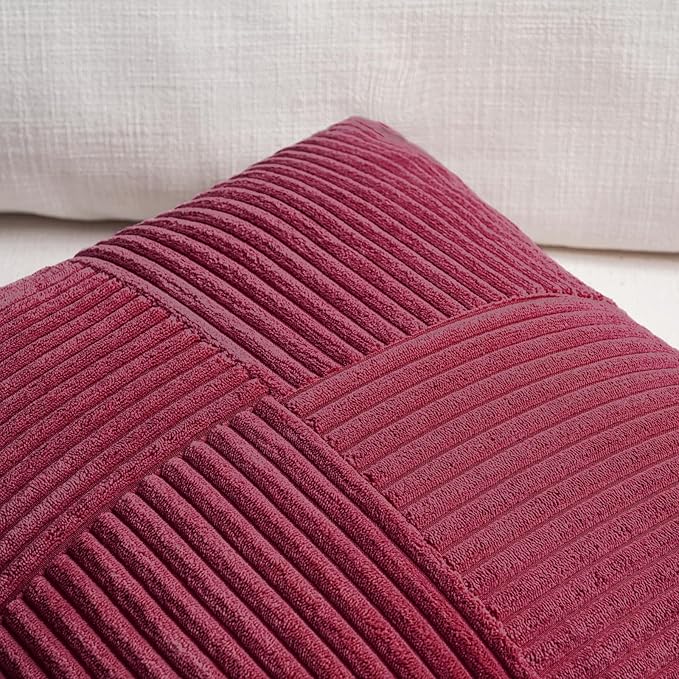 Fancy Homi 2 Packs Burgundy Decorative Throw Pillow Covers 22x22 Inch for Living Room Couch Bed Sofa, Rustic Farmhouse Boho Home Decor, Soft Corss Corduroy Patchwork Accent Cushion Case 55x55 cm
