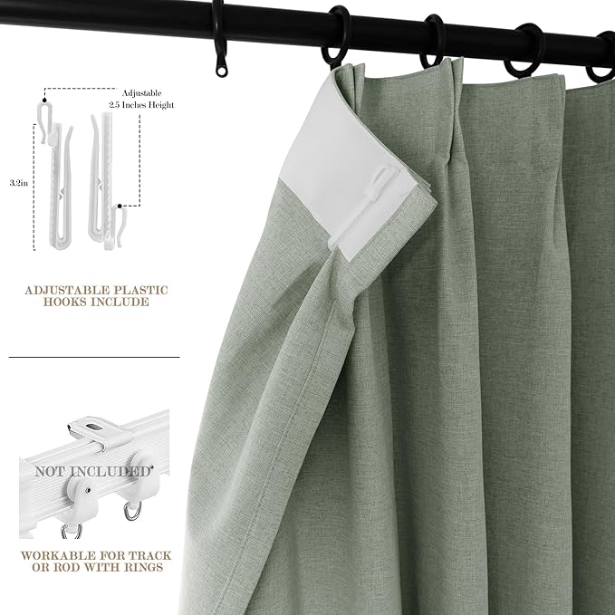 150 Inches Extra Wide Room Divider Draperies, Pinch Pleat Drapes, Absolutely Blackout Sliding Door Drapery, Total Privacy Ceiling Track Curtains, 150" W by 102" L, Fog Green (1 Panel)