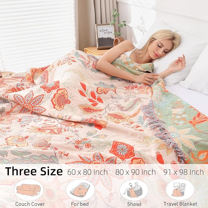 Boho Throw Blanket for Bed - 100% Pure Cotton Ultra Soft Rustic Quilt - Farmhouse Decor Bed Blankets, All Season Rustic Throw for Sofa Couch Chair(80''x 90'', Floral)