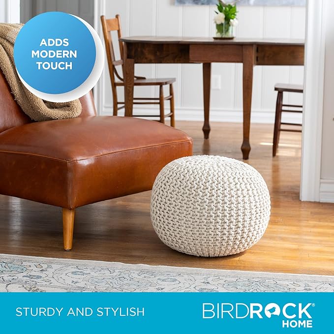BIRDROCK HOME Round Pouf Ottoman | Cotton Braided Foot Stool with Bean Bag Filling | Boho Foot Rest for Living Room & Bedroom | Compact & Comfortable Seating, Lightweight & Soft | Natural