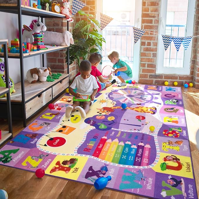 Kids Rugs for Playroom Bedroom Classroom Nursery, Non-Slip and Washable Rugs for Children Toddlers Girls, Educational and Fun Rug Carpets with ABC Alphabet Animals Shapes, 7x10, Purple