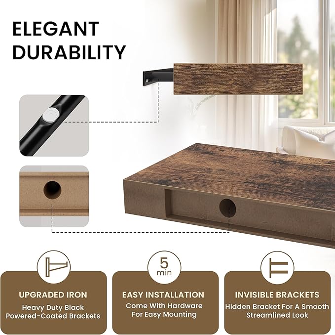 Floating Shelves for Wall, 72" W x 9.3" D x 1.5" H, Long Wooden Wall Mounted Display Shelf with Invisible Brackets for Living Room, Bedroom, Bathroom, Kitchen & Storage, Set of 1, Rustic Brown