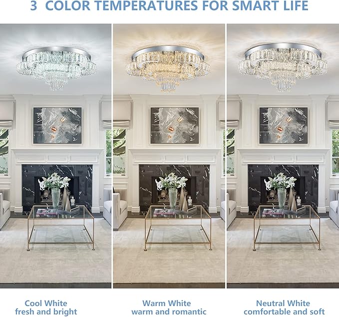 21 Inch Crystal Chandeliers with Remote Control LED Chandelier Modern Mount Flush Mount Chandelier Ceiling Light Fixtures for Bedroom Living Room Dining Room(Dimmable)