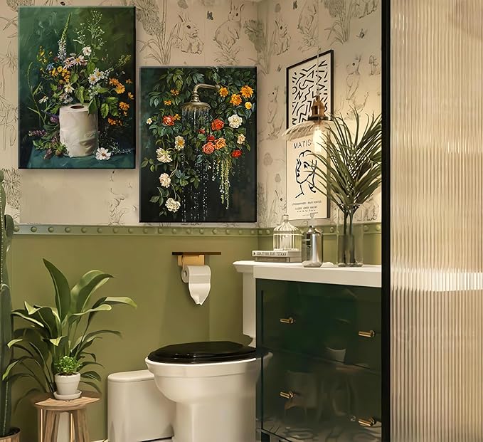 3Pcs Framed Vintage Dark Green Bathroom Wall Art Shower Toilet Paper Roll Floral Poster Print Modern Farmhouse plants Painting Picture Wall Decor For Bathroom Living Room Decoration