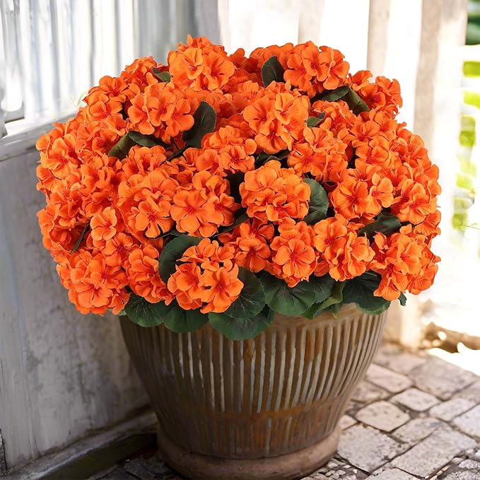 Hananona 12 Pcs Artificial Geranium Flowers for Outdoors Orange Silk Geranium Flowers Outdoor UV Resistant Plants Faux Fall Flower for Home Kitchen Autumn Table Centerpieces Decor (12, Orange)